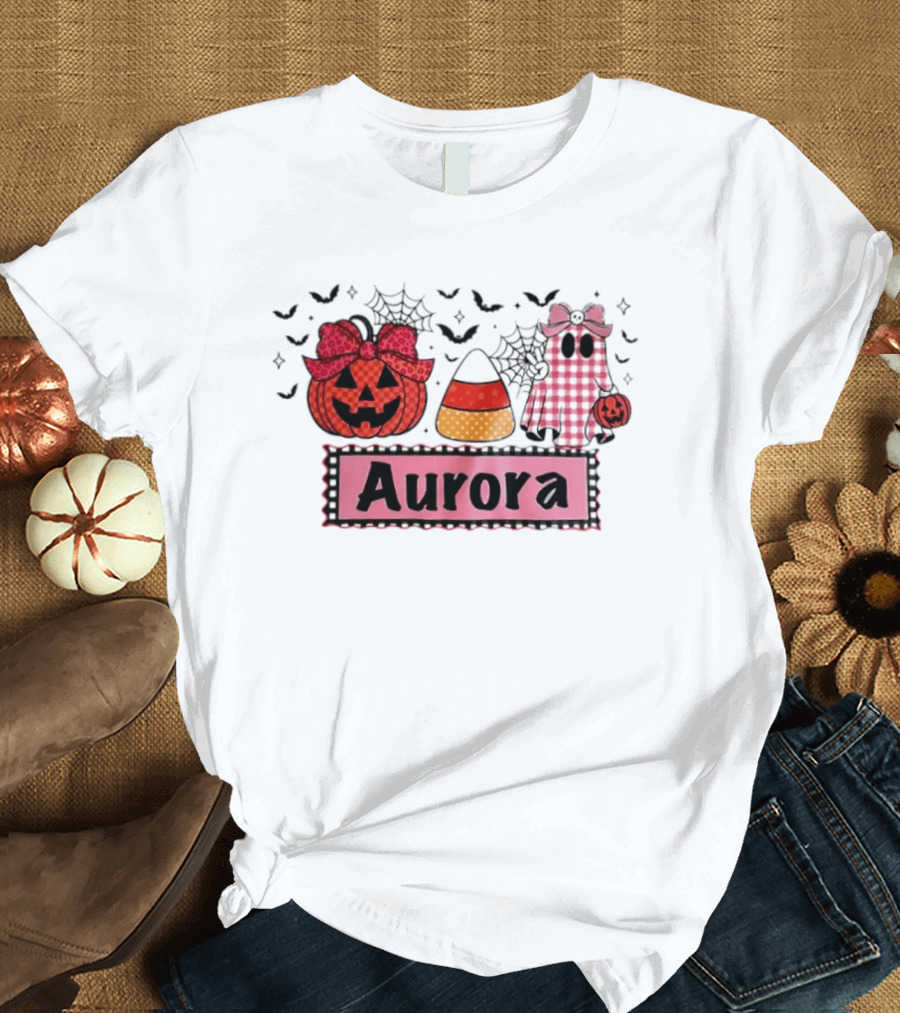 Aurora Halloween Pumpkin Ghost Candy Corn And Spiderwebs T-Shirt
