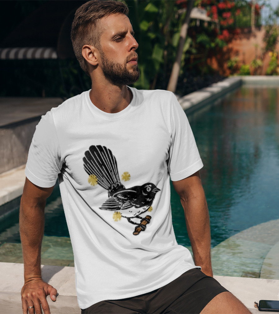 Black White Linocut Fantail Bird Branch Yellow Flowers T-Shirt