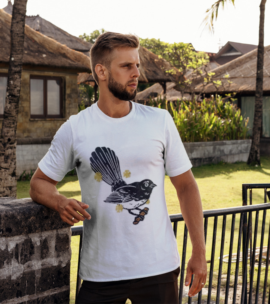 Black White Linocut Fantail Bird Branch Yellow Flowers T-Shirt