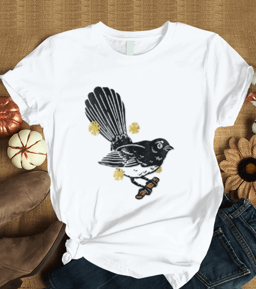 Black White Linocut Fantail Bird Branch Yellow Flowers T-Shirt