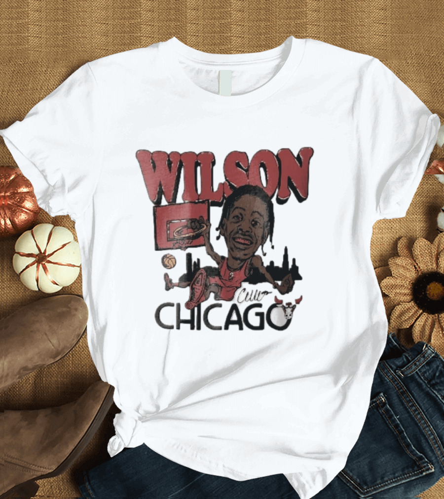 Chicago Bulls Wilson Cartoon Caricature Dunking City Skyline T-Shirt
