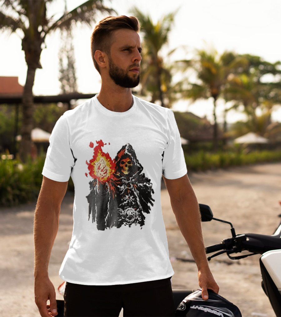 Hooded Skeleton Sorcerer With Glowing Red Fireball T-Shirt