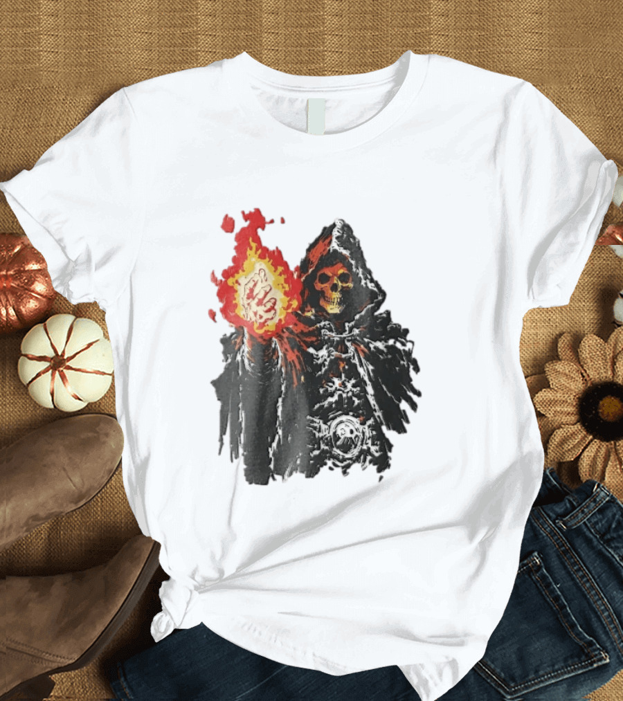 Hooded Skeleton Sorcerer With Glowing Red Fireball T-Shirt