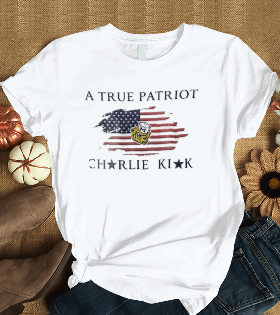 A True Patriot Charlie Kirk Distressed US Flag Wolverine Head T-Shirt