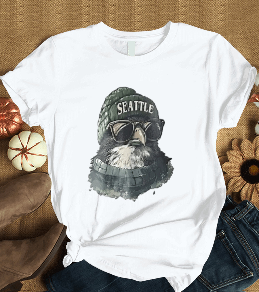 Seattle Beanie Hawk Cartoon With Sunglasses And Scarf T-Shirt