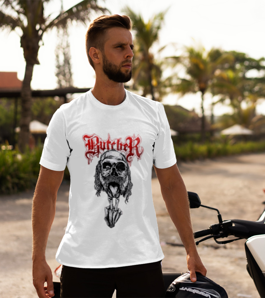 Butcher Skull With Gothic Red Text And Grim T-Shirt