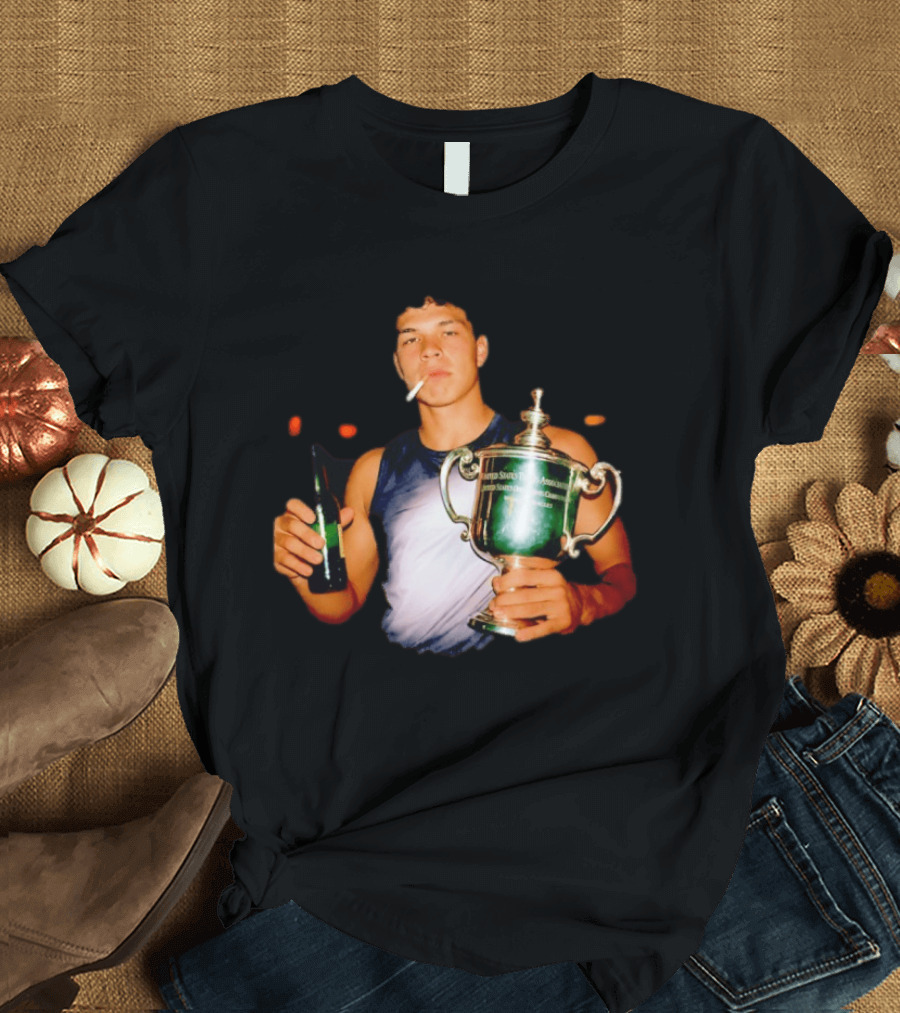 Ben Shelton Celebrating Victory With Beer And Trophy T-Shirt