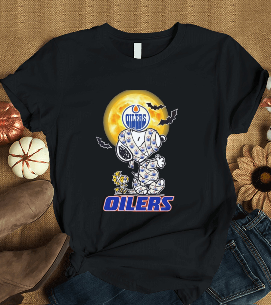 Edmonton Oilers Snoopy Woodstock Halloween Mummy Moon Bats T-Shirt