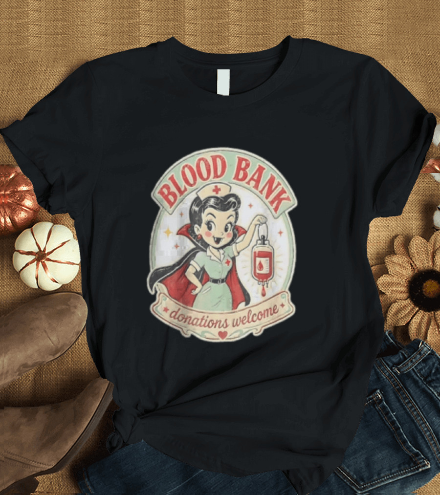 Blood Bank Donations Welcome Vampire Nurse Retro Cartoon T-Shirt