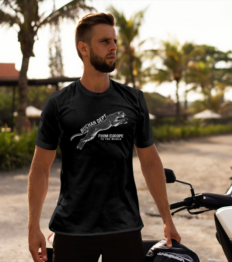 Buchan Store Cheetah Dept Black From Europe To The World T-Shirt