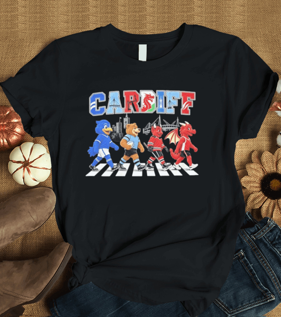 Cardiff Sports Abbey Road Parody With Cartoon Animals Crossing T-Shirt