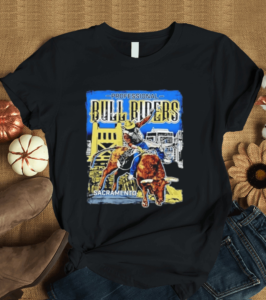 Professional Bull Riders Sacramento Cowboy Riding Bull Cityscape T-Shirt