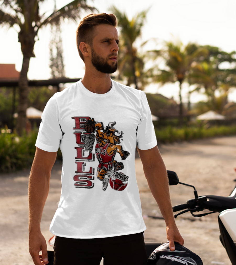 Chicago Bulls Bull Dunking Basketball Hoop NBA Cartoon Caricature T-Shirt