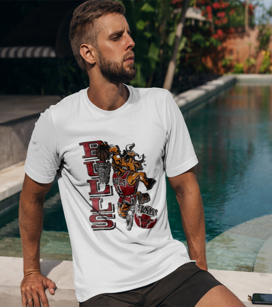 Chicago Bulls Bull Dunking Basketball Hoop NBA Cartoon Caricature T-Shirt