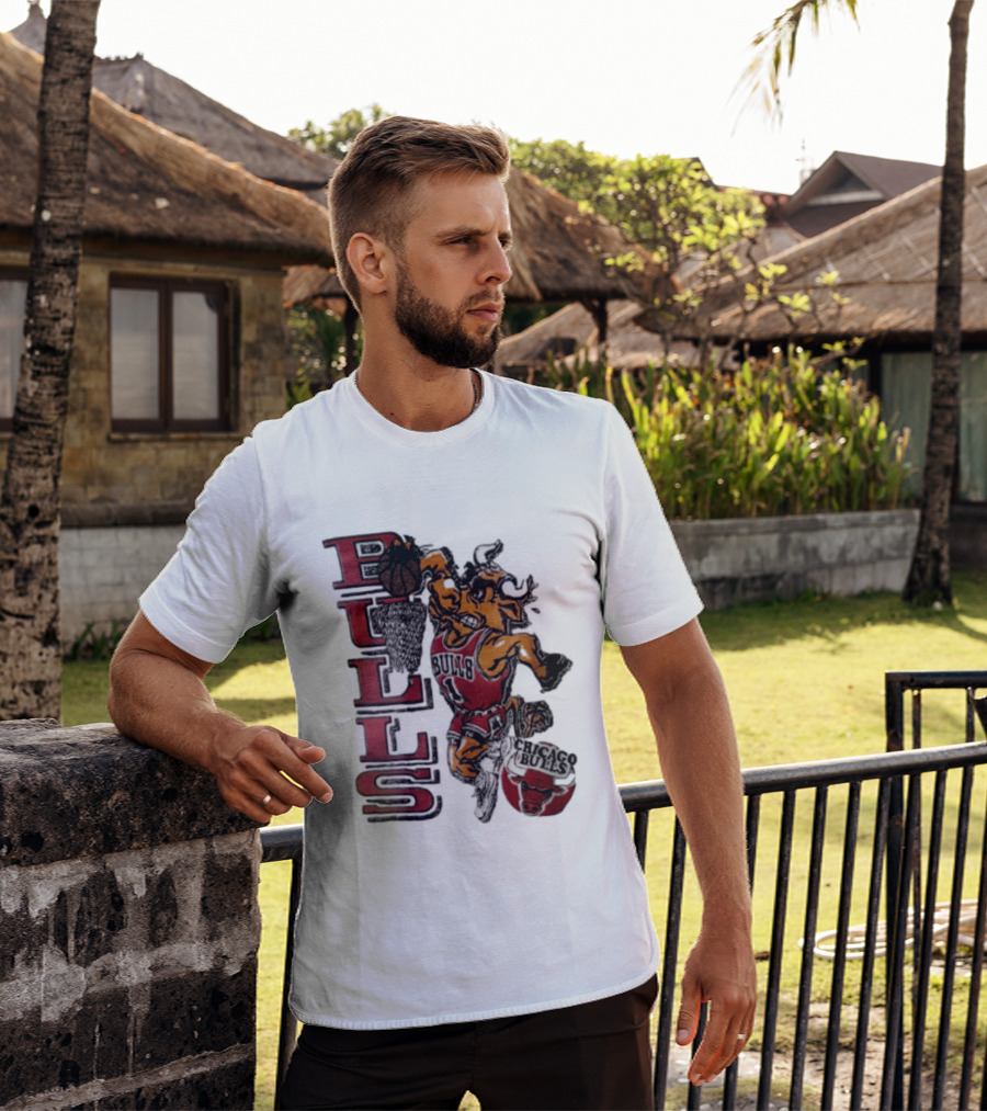 Chicago Bulls Bull Dunking Basketball Hoop NBA Cartoon Caricature T-Shirt
