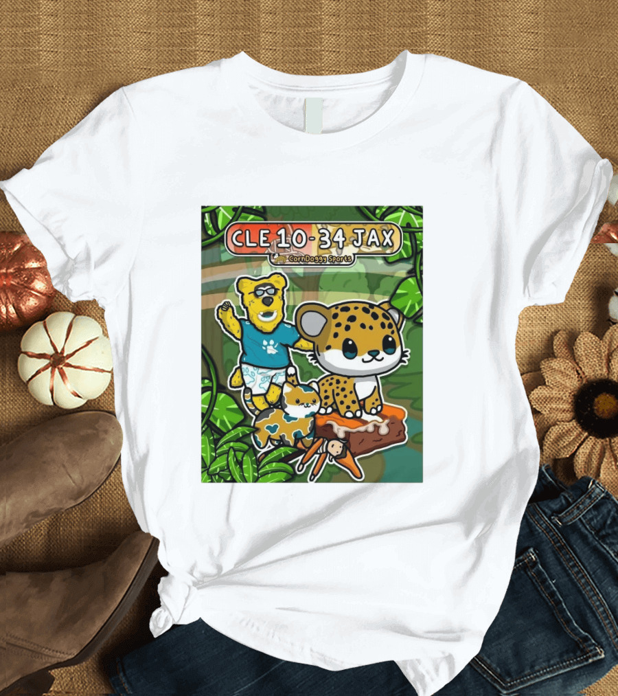 CornDoggy Sports CLE 10 34 JAX Cleveland Browns Vs Jacksonville Jaguars Cartoon Animals T-Shirt