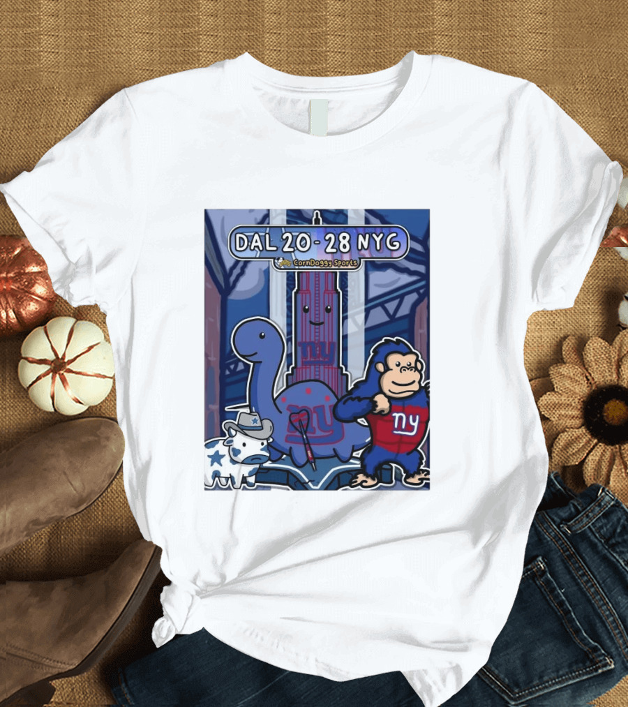 CornDoggy Sports DAL 20 28 NYG Dallas Cowboys New York Giants Cartoon Characters T-Shirt