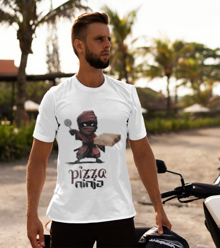 Pizza Ninja Red Masked Cartoon Figure Holding Cardboard Box T-Shirt
