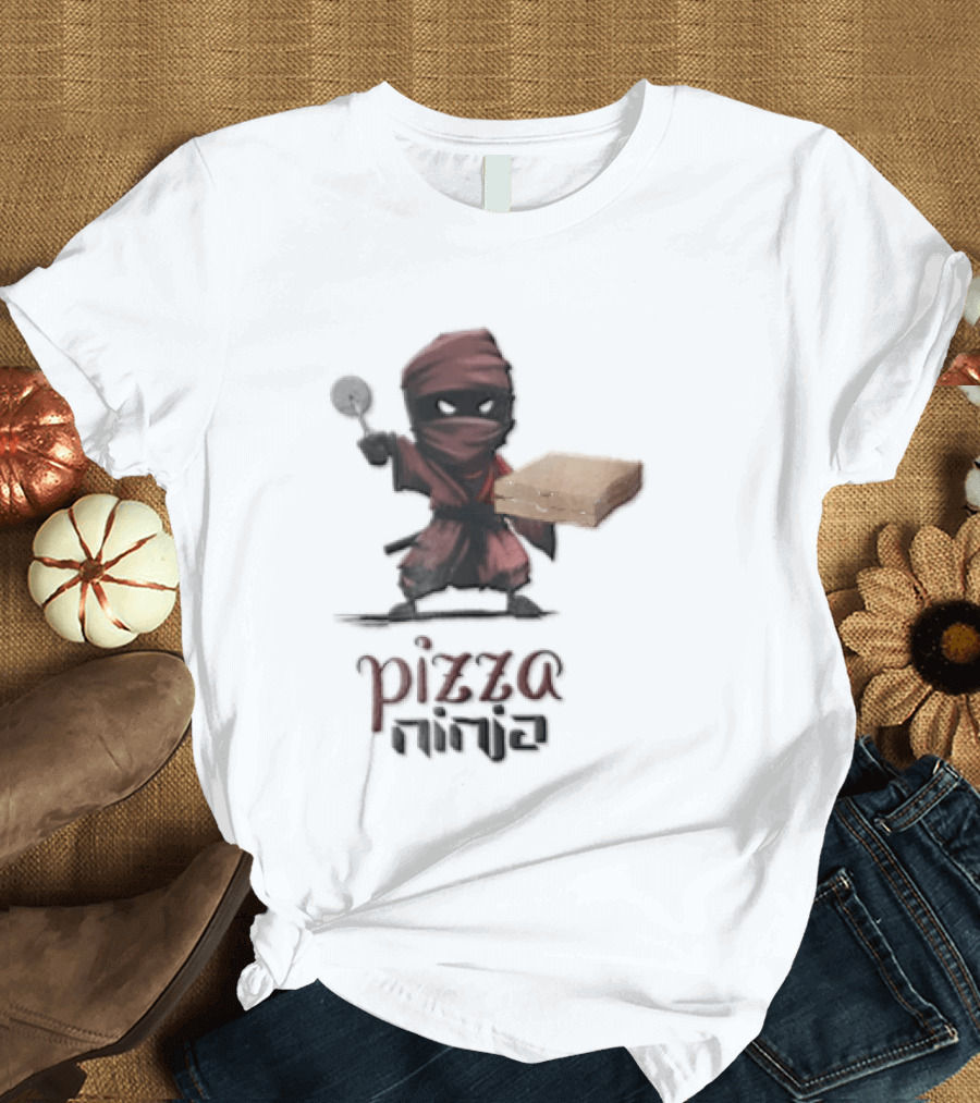 Pizza Ninja Red Masked Cartoon Figure Holding Cardboard Box T-Shirt
