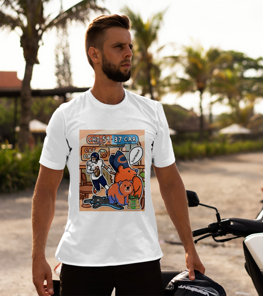 CHI 59 37 CAR CornDoggy Sports Chicago Bears Vs Carolina Panthers Scorigami Cat Café $150 Grand T-Shirt