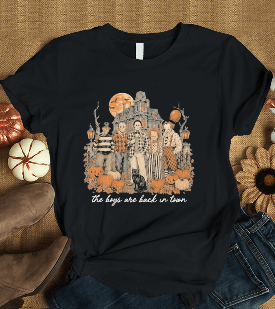 Halloween Horror Characters The Boys Are Back In Town Haunted House Pumpkin Patch T-Shirt