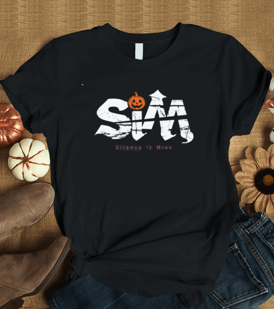Sim Store Shop Silence Is Mine Rolling Cradle Halloween Pumpkin Design Black White T-Shirt