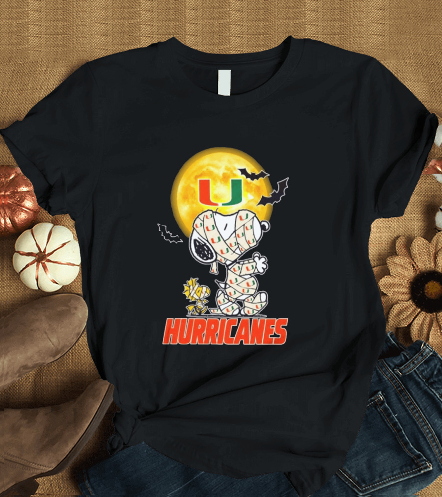 Miami Hurricanes Snoopy Woodstock Mummy Halloween Moon Bats T-Shirt