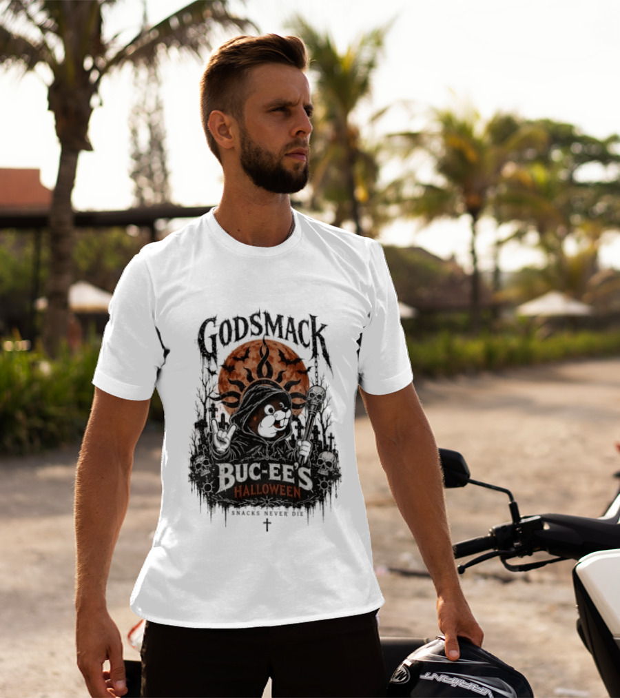 Godsmack Buc Ee's Halloween Snacks Never Die Skulls And Sun T-Shirt