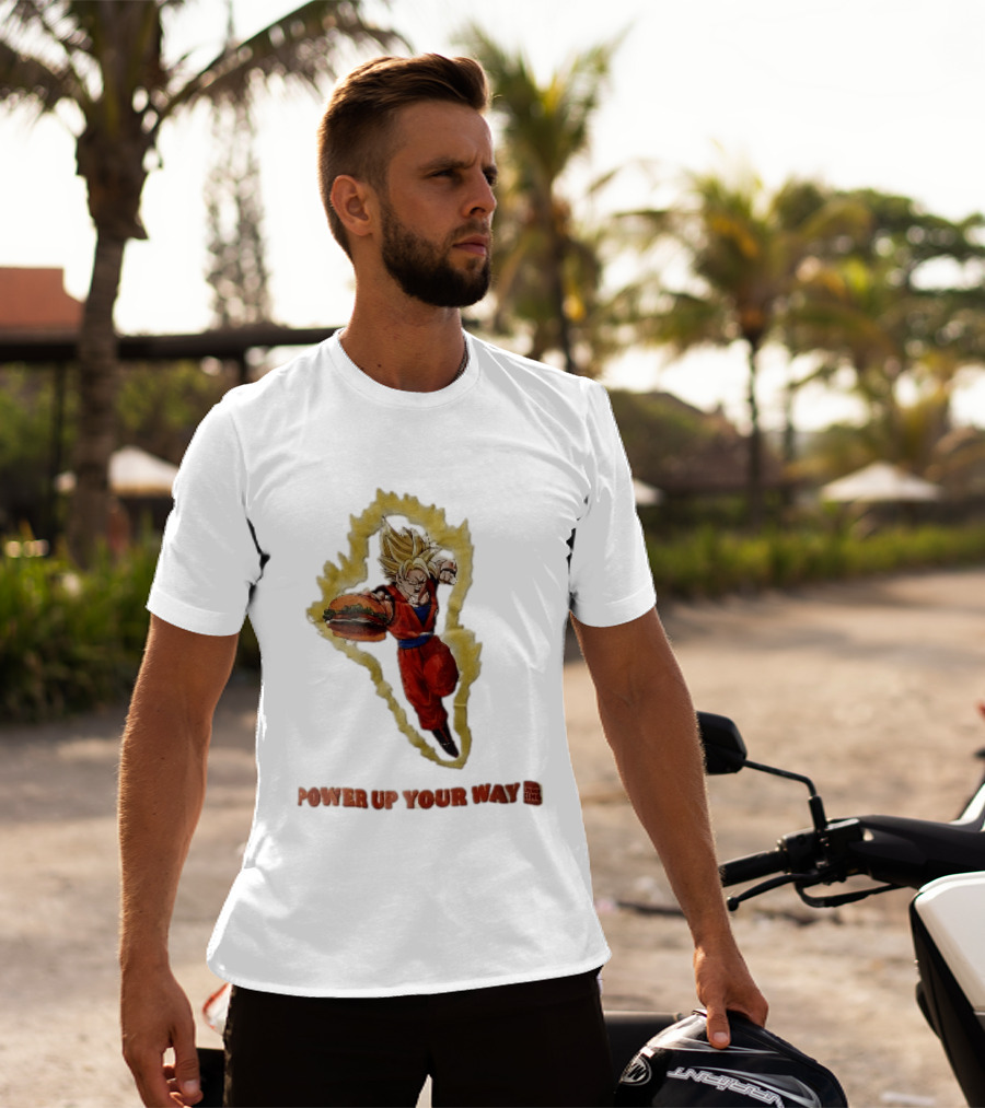 Burger King Power Up Your Way Super Saiyan Goku Holding Cheeseburger Aura T-Shirt