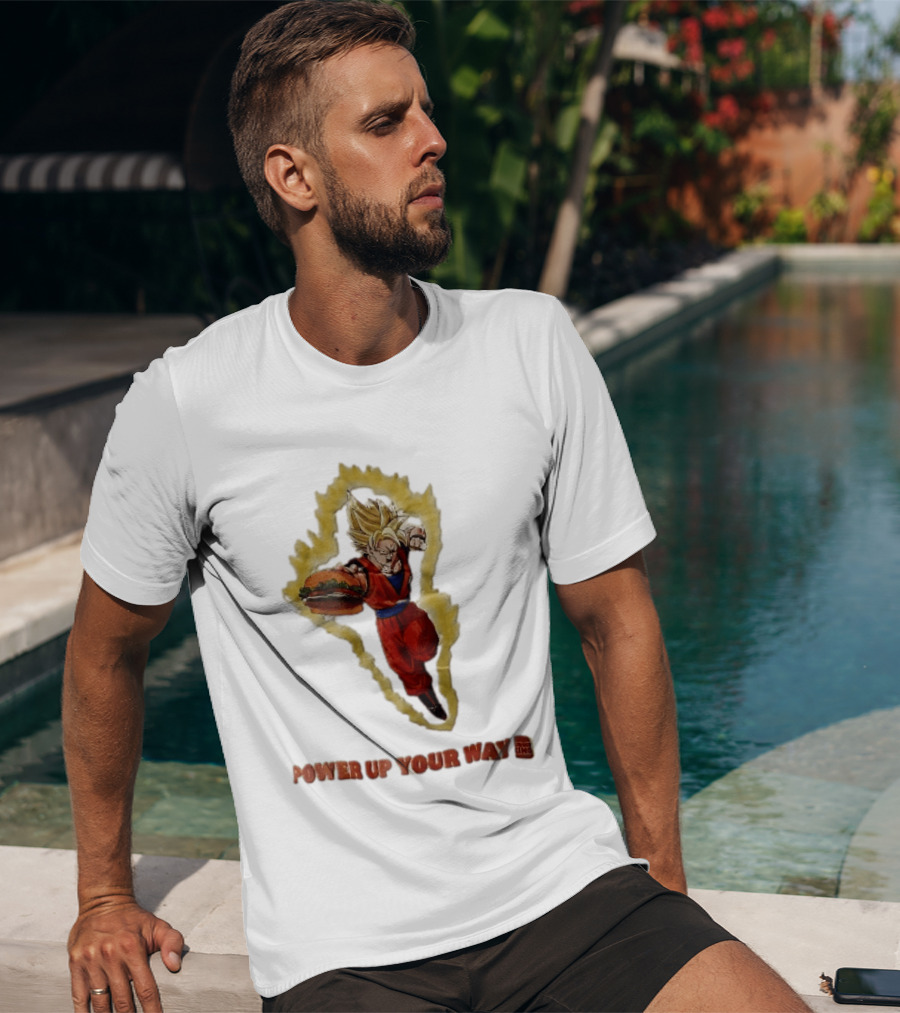 Burger King Power Up Your Way Super Saiyan Goku Holding Cheeseburger Aura T-Shirt