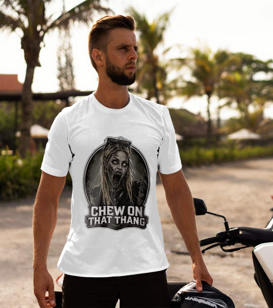 Chew On That Thang Zombie Blonde Woman Open Mouth Green Slime Sunglasses T-Shirt