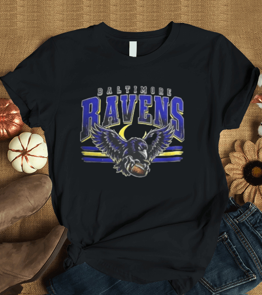 Baltimore Ravens Distressed Flying Bird Holding Football With Stripes T-Shirt