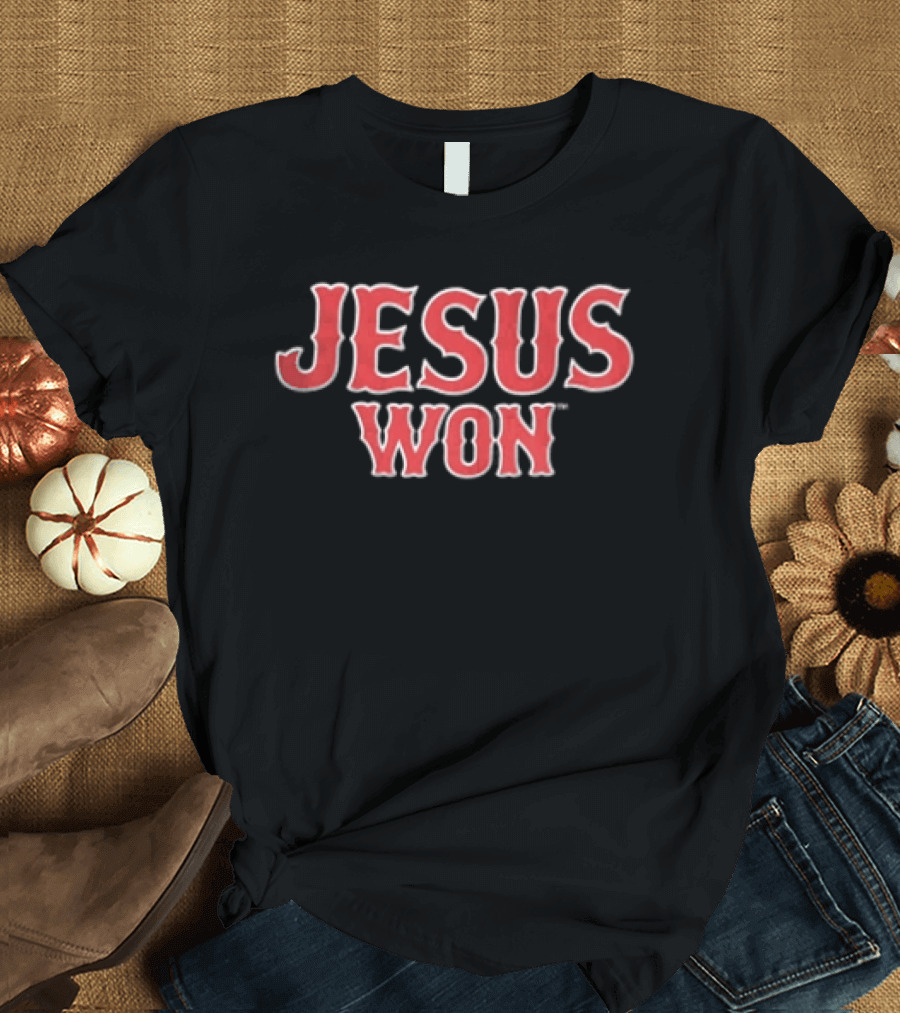 Boston Red Sox MLB Jesus Won Block Lettering Navy White T-Shirt