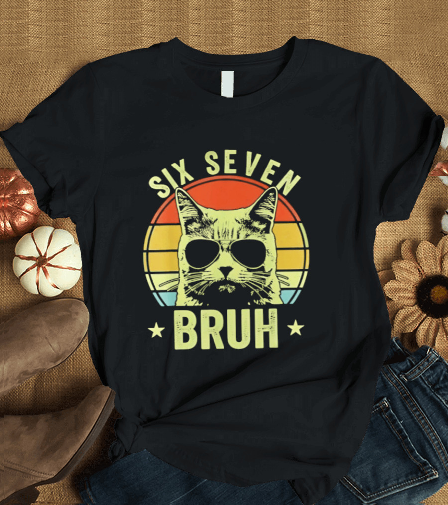 Six Seven Bruh Retro Cat Sunset T-Shirt