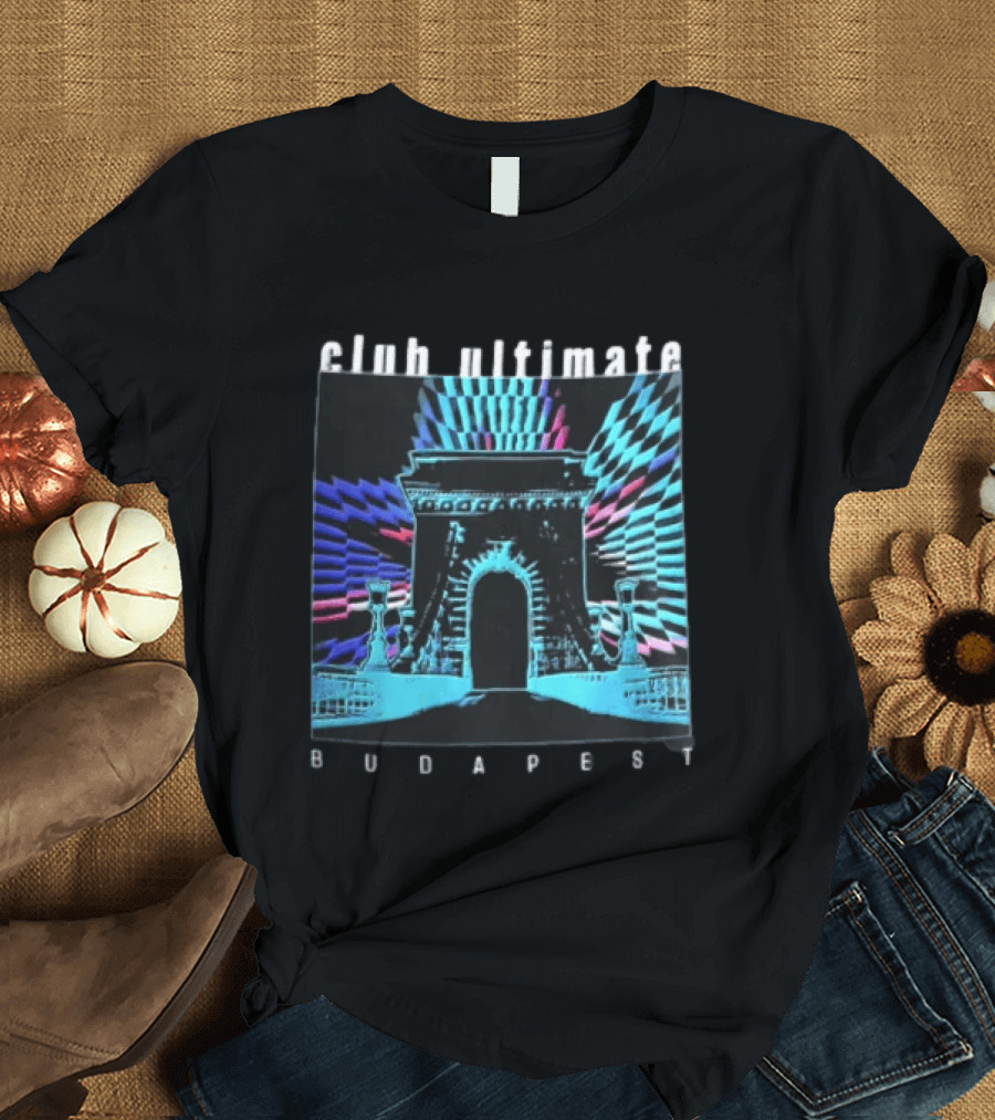 Club Ultimate Budapest Szechenyi Chain Bridge Neon Checkerboard Arch T-Shirt