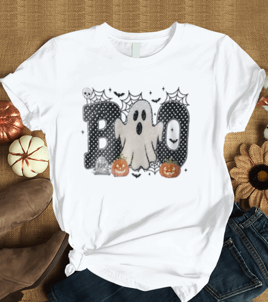 Boo Distressed Ghost Jack O Lanterns Polka Dots Cobwebs T-Shirt