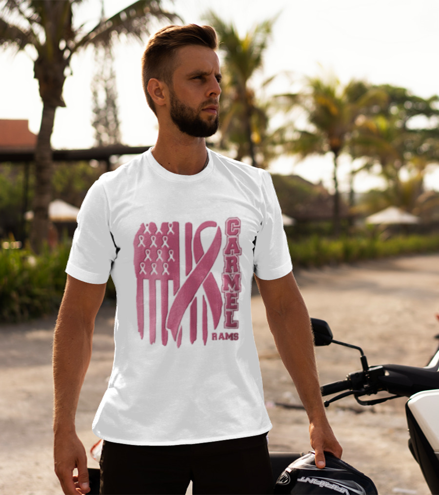 Carmel Rams Pink Ribbon American Flag Breast Cancer Awareness T-Shirt