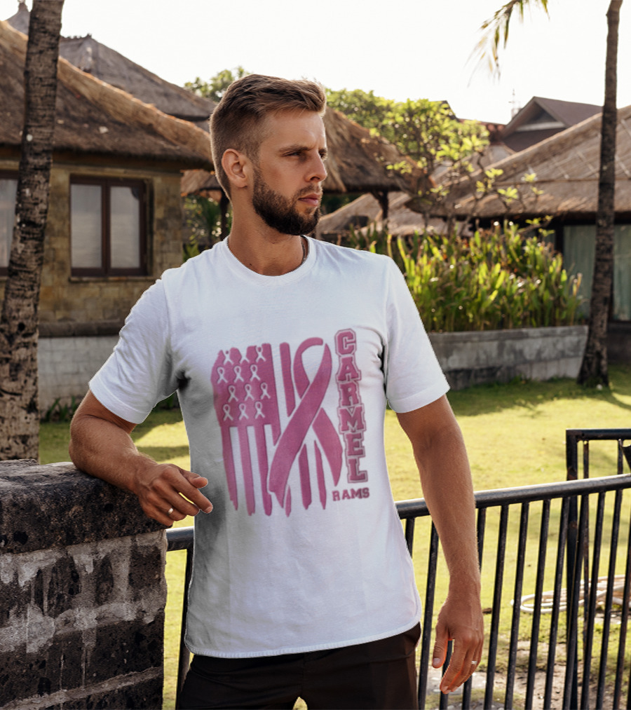 Carmel Rams Pink Ribbon American Flag Breast Cancer Awareness T-Shirt