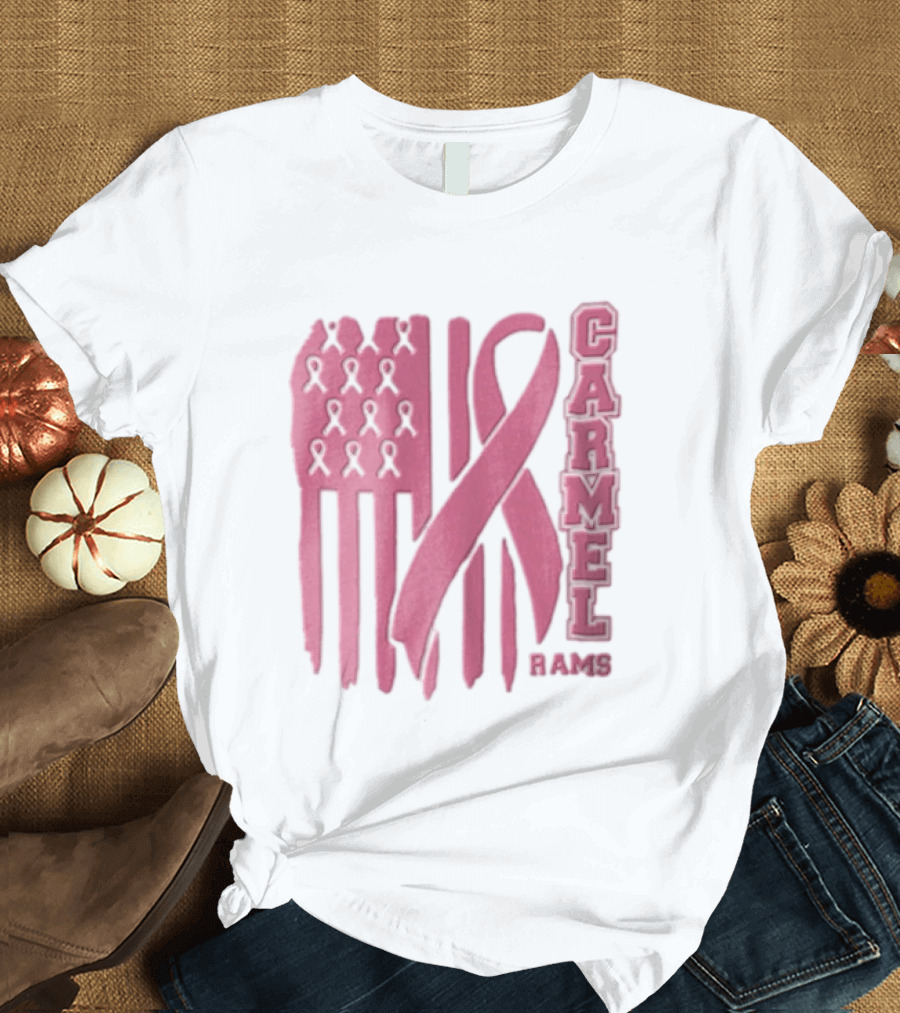 Carmel Rams Pink Ribbon American Flag Breast Cancer Awareness T-Shirt