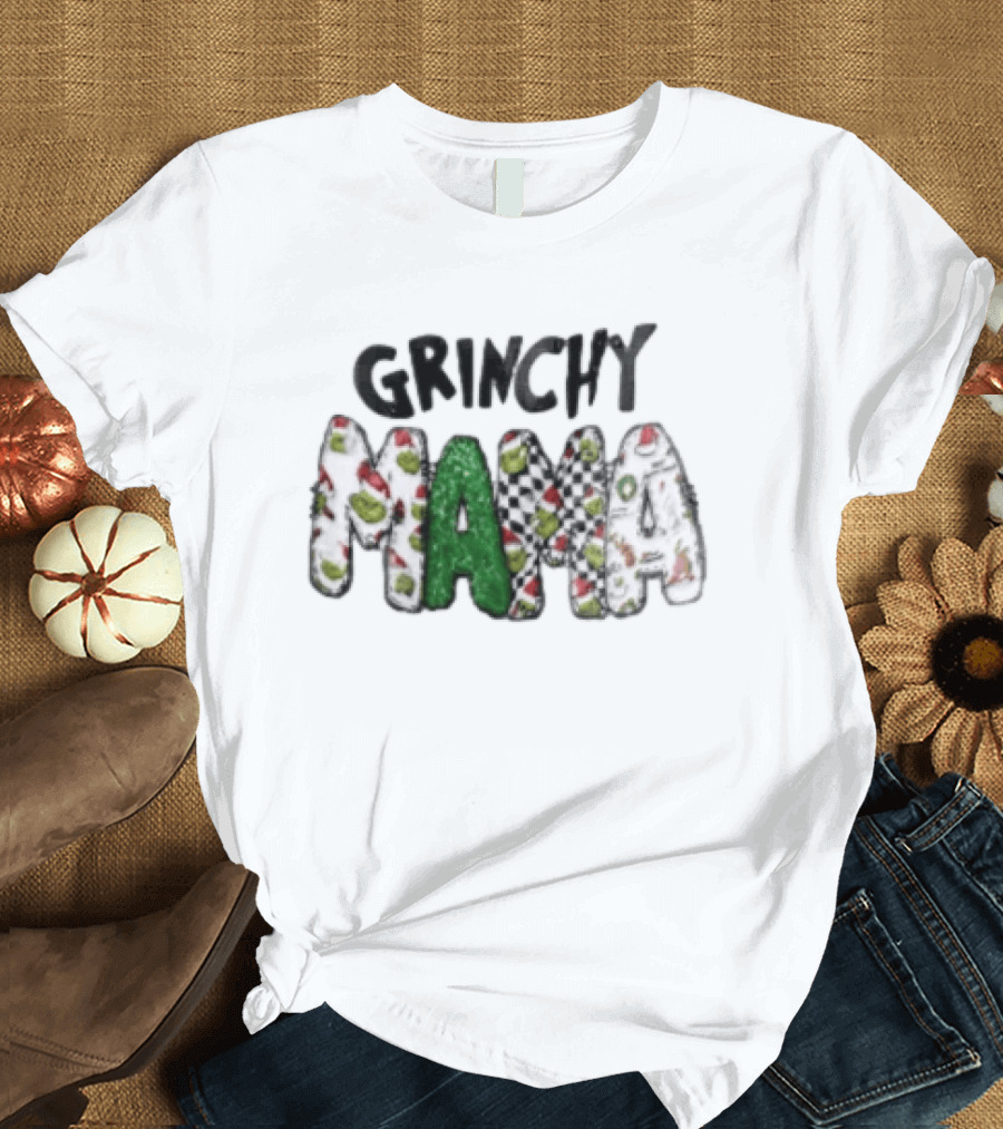 Grinchy Mama Holiday Checkerboard And Santa Hat T-Shirt