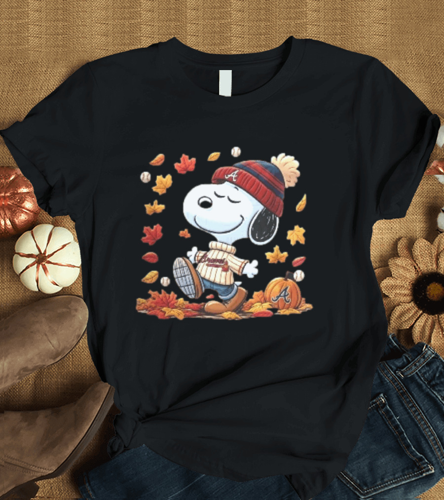Atlanta Braves Snoopy Walking In Autumn Leaves With Pumpkin Baseballs Cartoon T-Shirt