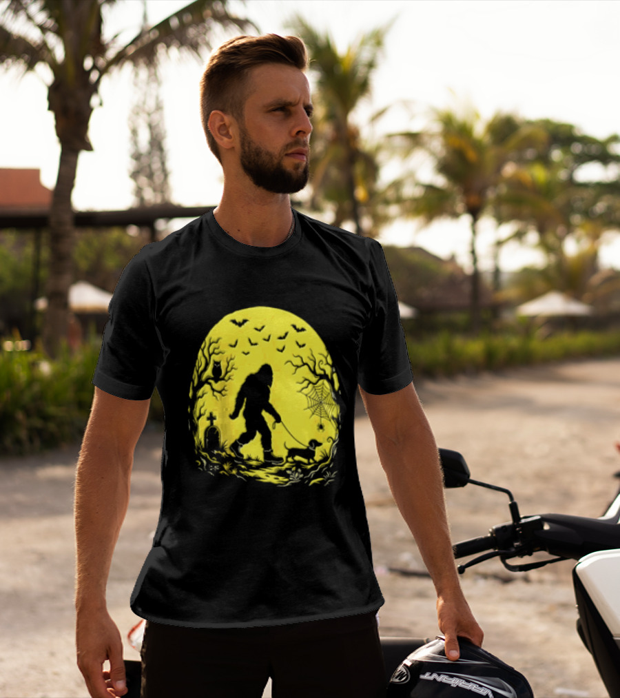 Bigfoot Walking Dachshund Under Full Moon Halloween Night T-Shirt