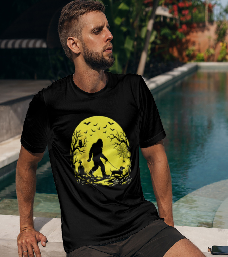 Bigfoot Walking Dachshund Under Full Moon Halloween Night T-Shirt