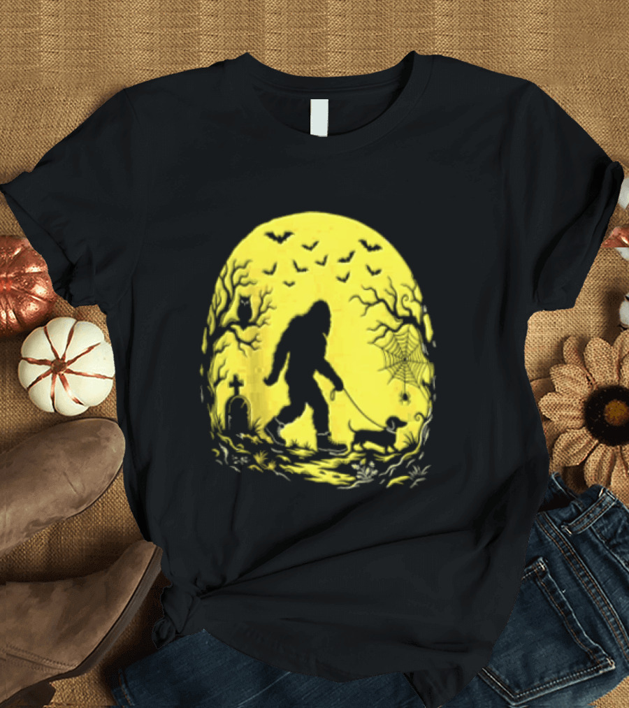Bigfoot Walking Dachshund Under Full Moon Halloween Night T-Shirt