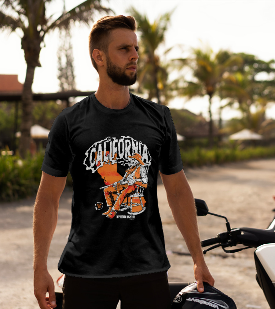 California Skeleton Cowboy Southern Hospitality Tour Aug 20 Rocking Chair Rifle Map T-Shirt