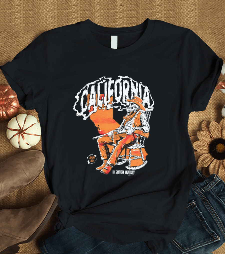 California Skeleton Cowboy Southern Hospitality Tour Aug 20 Rocking Chair Rifle Map T-Shirt