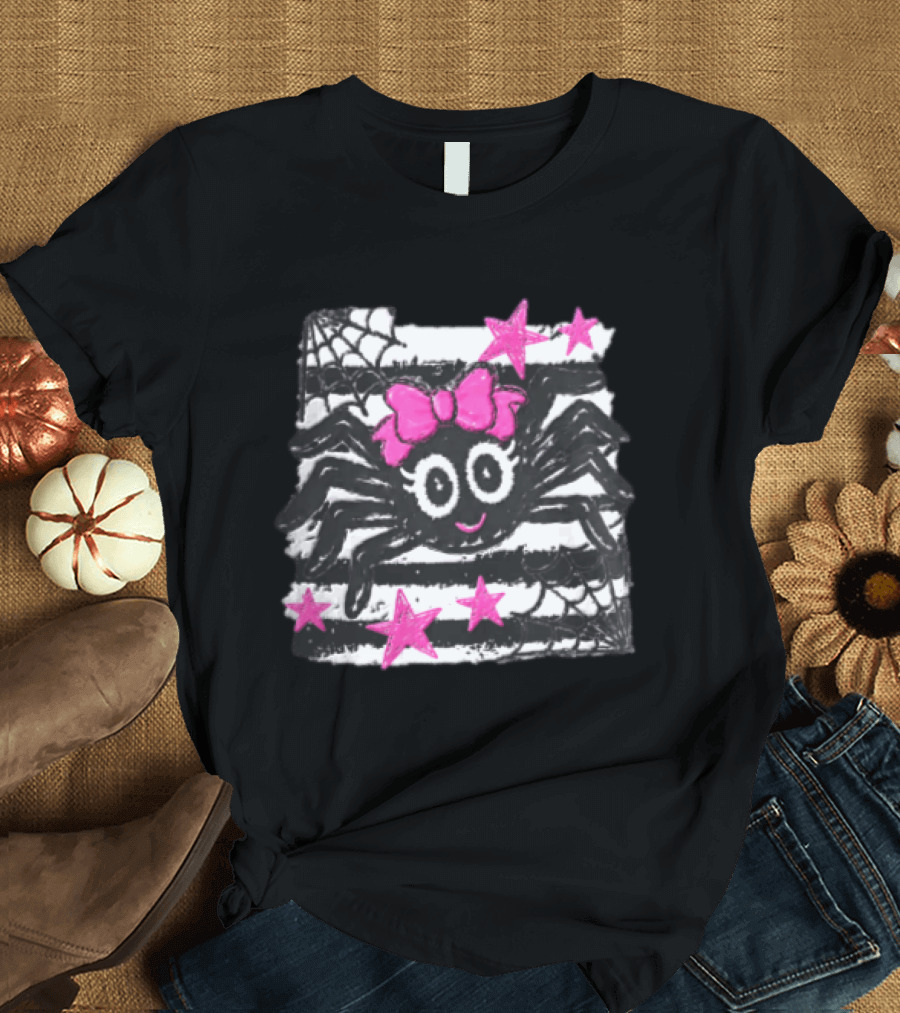 Cartoon Black Spider Big Eyes Pink Bow Stripes Webs Stars T-Shirt