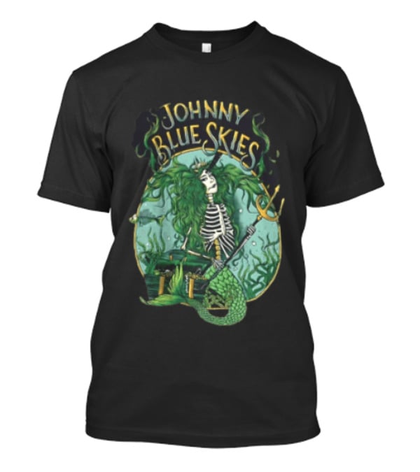 Johnny Blue Skies Skeleton Mermaid Adventure With Trident And Treasure T-Shirt
