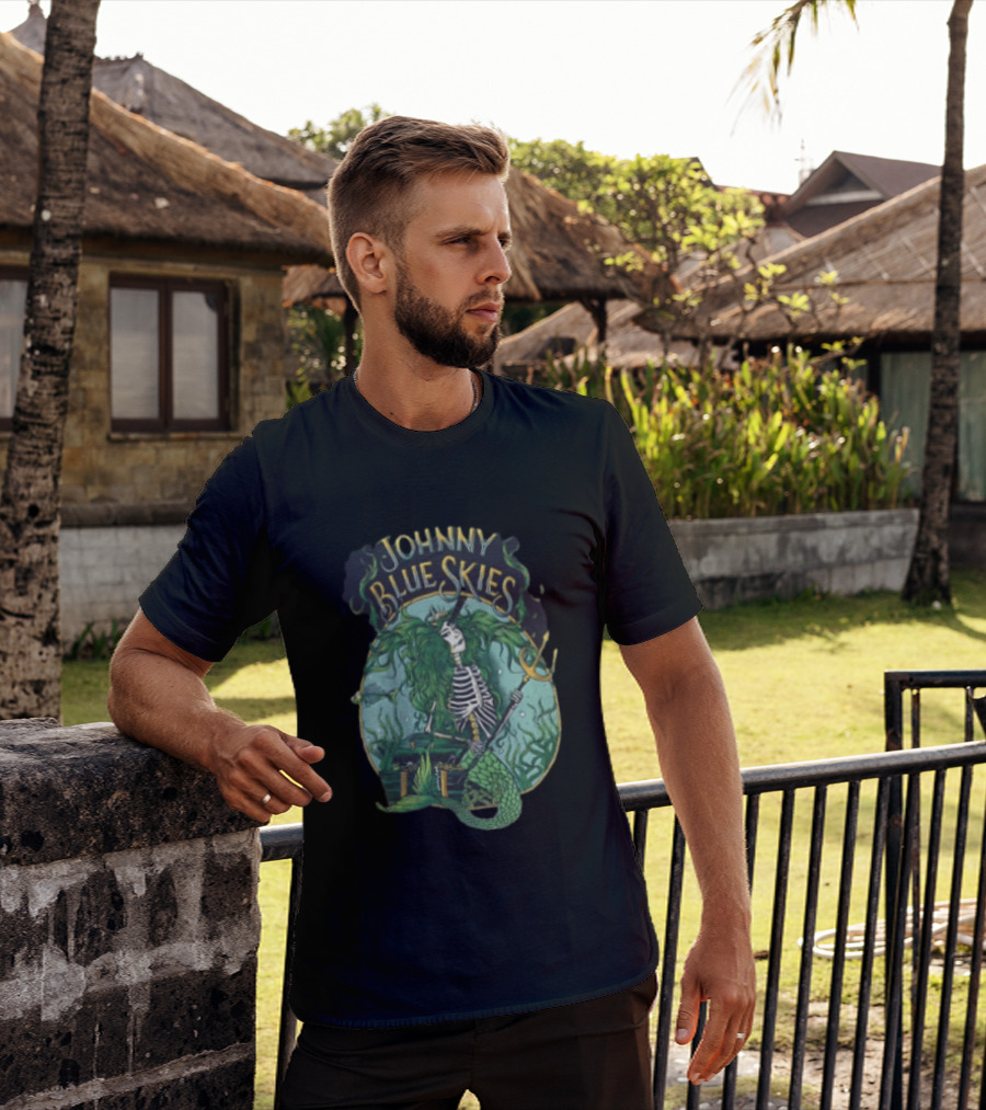 Johnny Blue Skies Skeleton Mermaid Adventure With Trident And Treasure T-Shirt