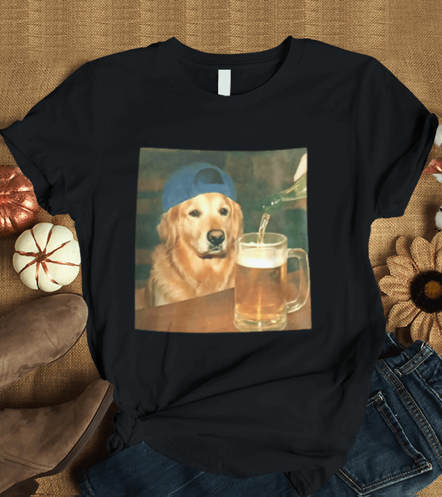 Golden Retriever Backward Cap Beer Pouring Scene T-Shirt